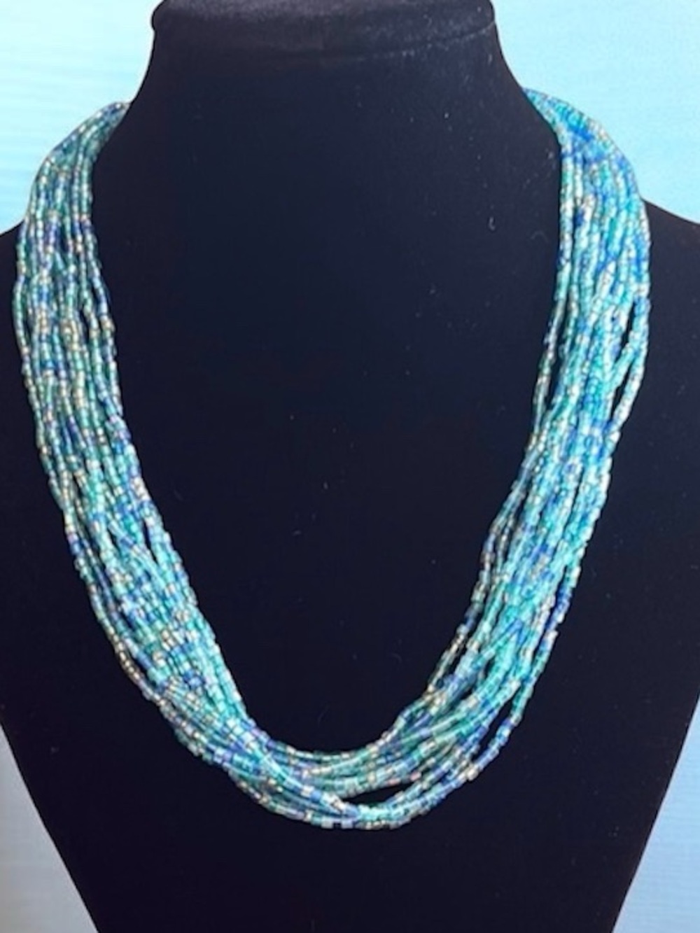 Vintage Avon 1992 Glass Bead Multi-Strand Necklace Iridescent Sea Blue 18”